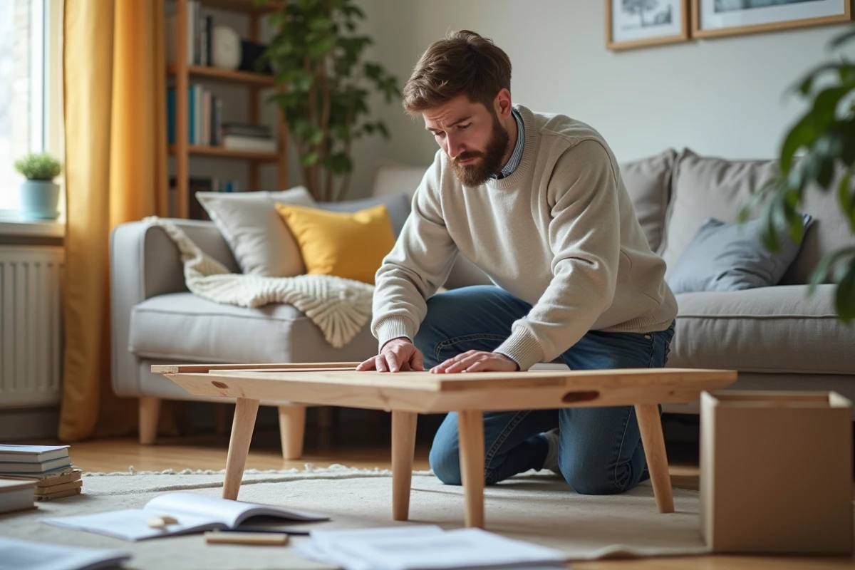 Jeune homme assemblant une table basse dans un salon lumineux
