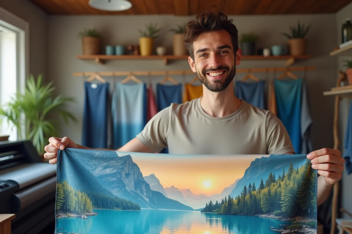 Jeune homme souriant inspectant un tissu imprimé dans son atelier
