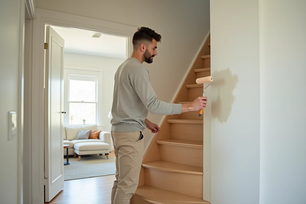 Jeune homme appliquant de la peinture sur un escalier en rénovation