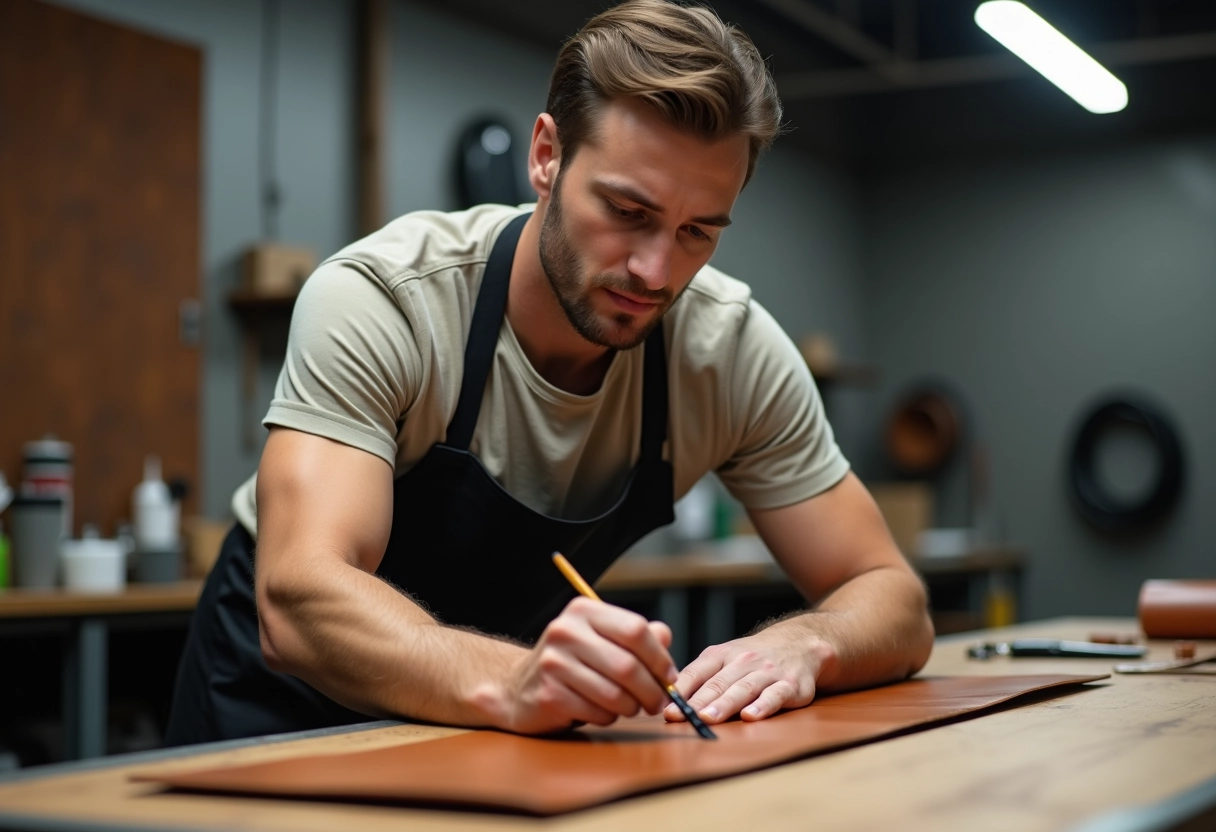 Jeune homme appliquant de la peinture sur faux cuir dans un atelier