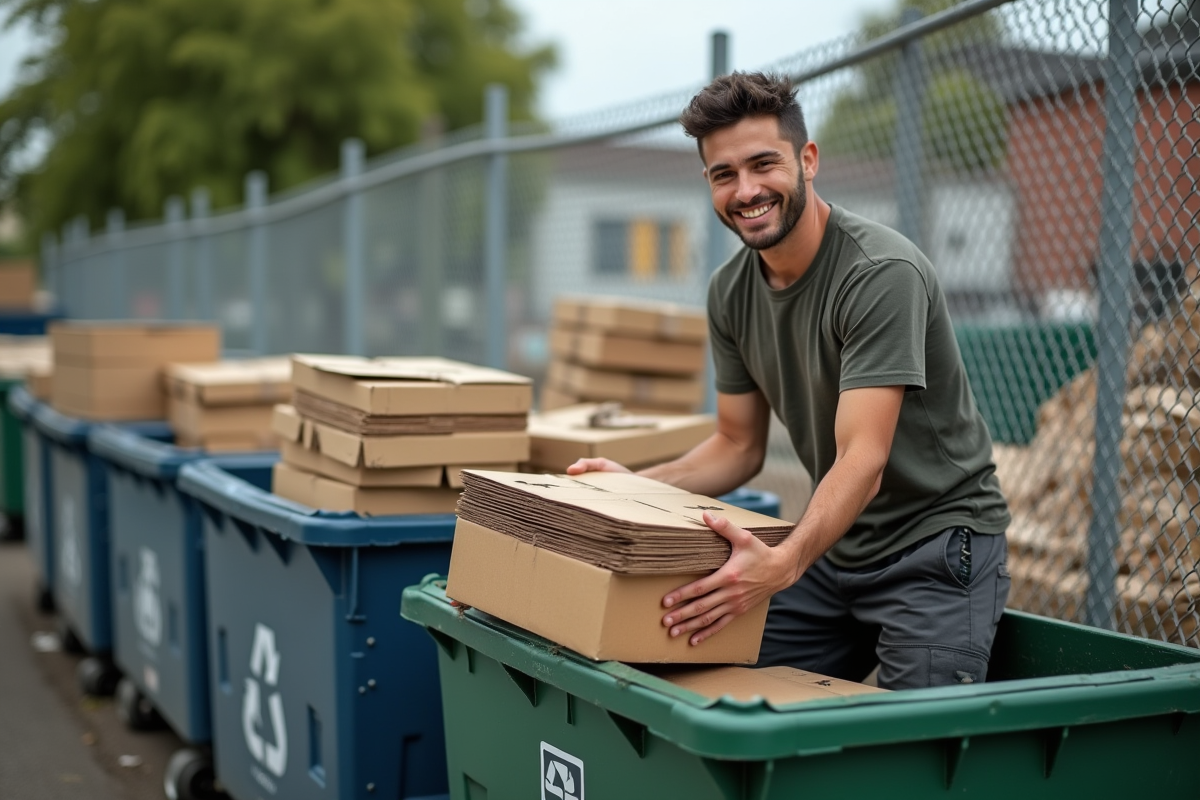 Jeune homme chargeant du carton dans une benne extérieure