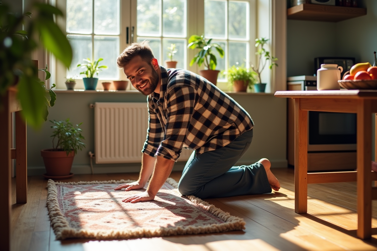 Jeune homme posant un tapis dans une cuisine lumineuse et accueillante