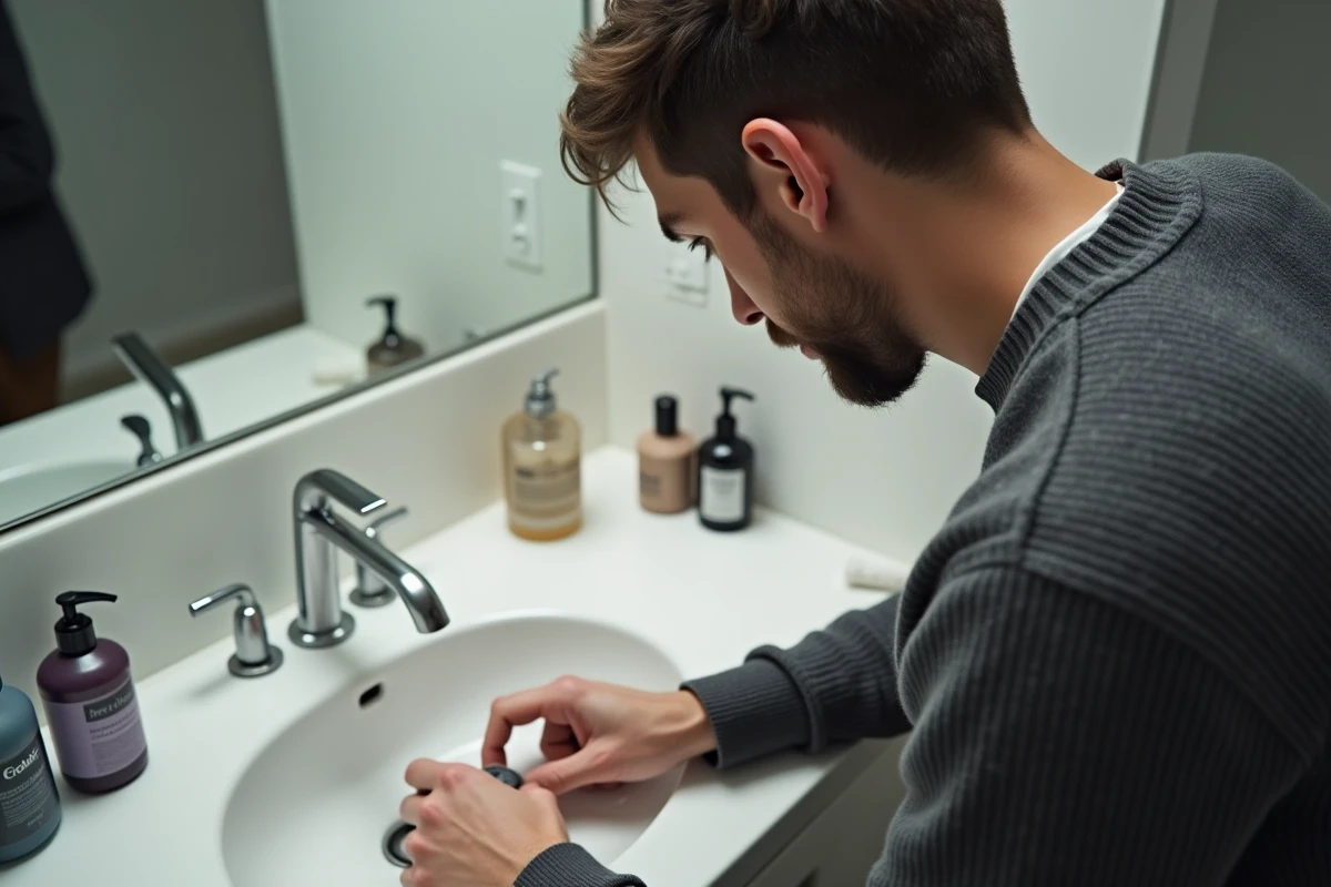 Jeune homme examinant des couverts en argent dans la salle de bain