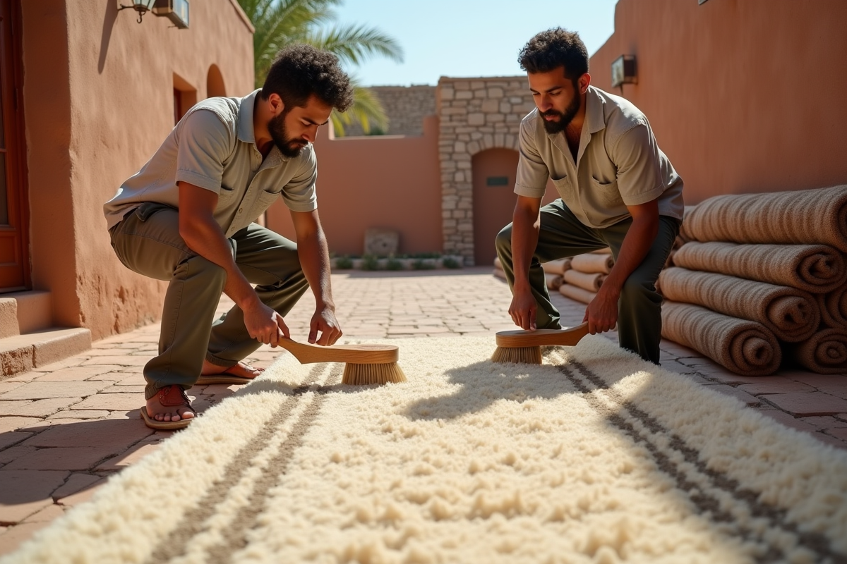 Jeunes berberes nettoyant un tapis dans une cour en plein air