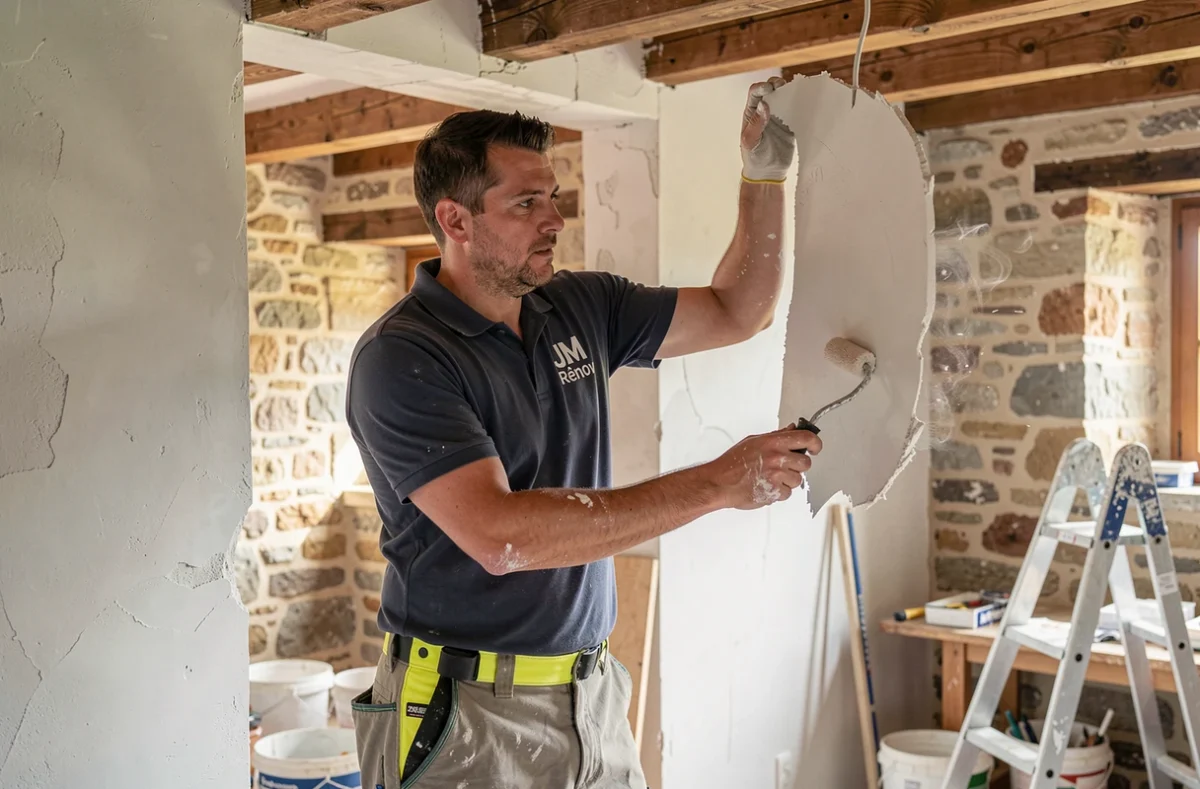 Artisan de J.M Rénov appliquant de l'enduit sur un mur intérieur en Corrèze