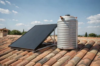Kit chauffe-eau solaire 50 litres installé sur un toit de maison individuelle avec panneau collecteur et ballon thermique