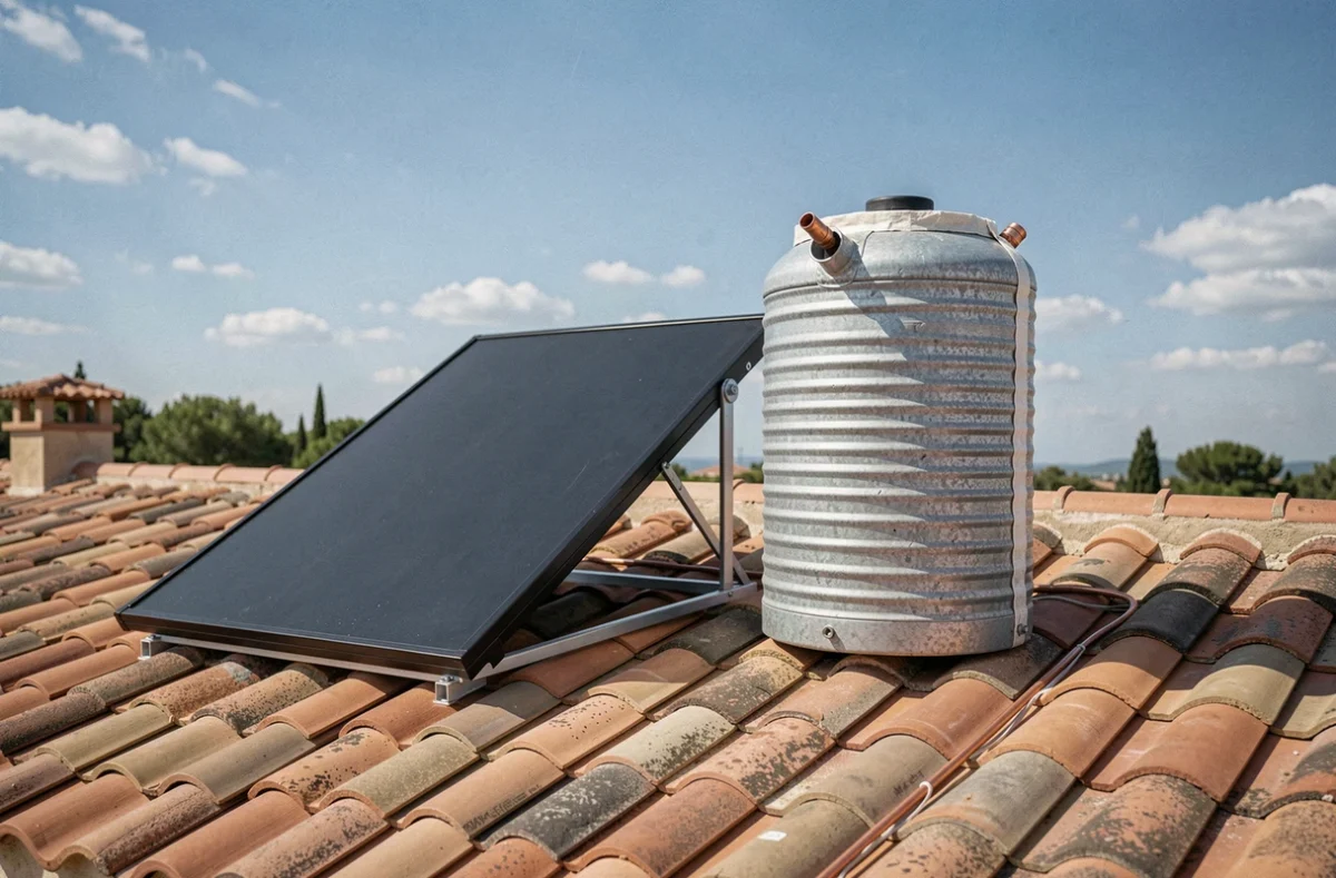 Kit chauffe-eau solaire 50 litres installé sur un toit de maison individuelle avec panneau collecteur et ballon thermique