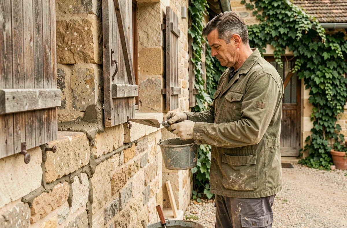 Artisan Laurent Bonneval rejointoyant les pierres d'une façade de ferme corrézienne