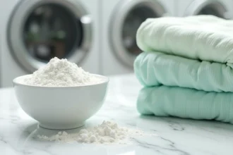 Bol de lessive en poudre pour peaux sensibles posé sur un plan de travail en marbre avec des vêtements en coton doux
