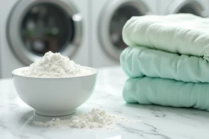 Bol de lessive en poudre pour peaux sensibles posé sur un plan de travail en marbre avec des vêtements en coton doux