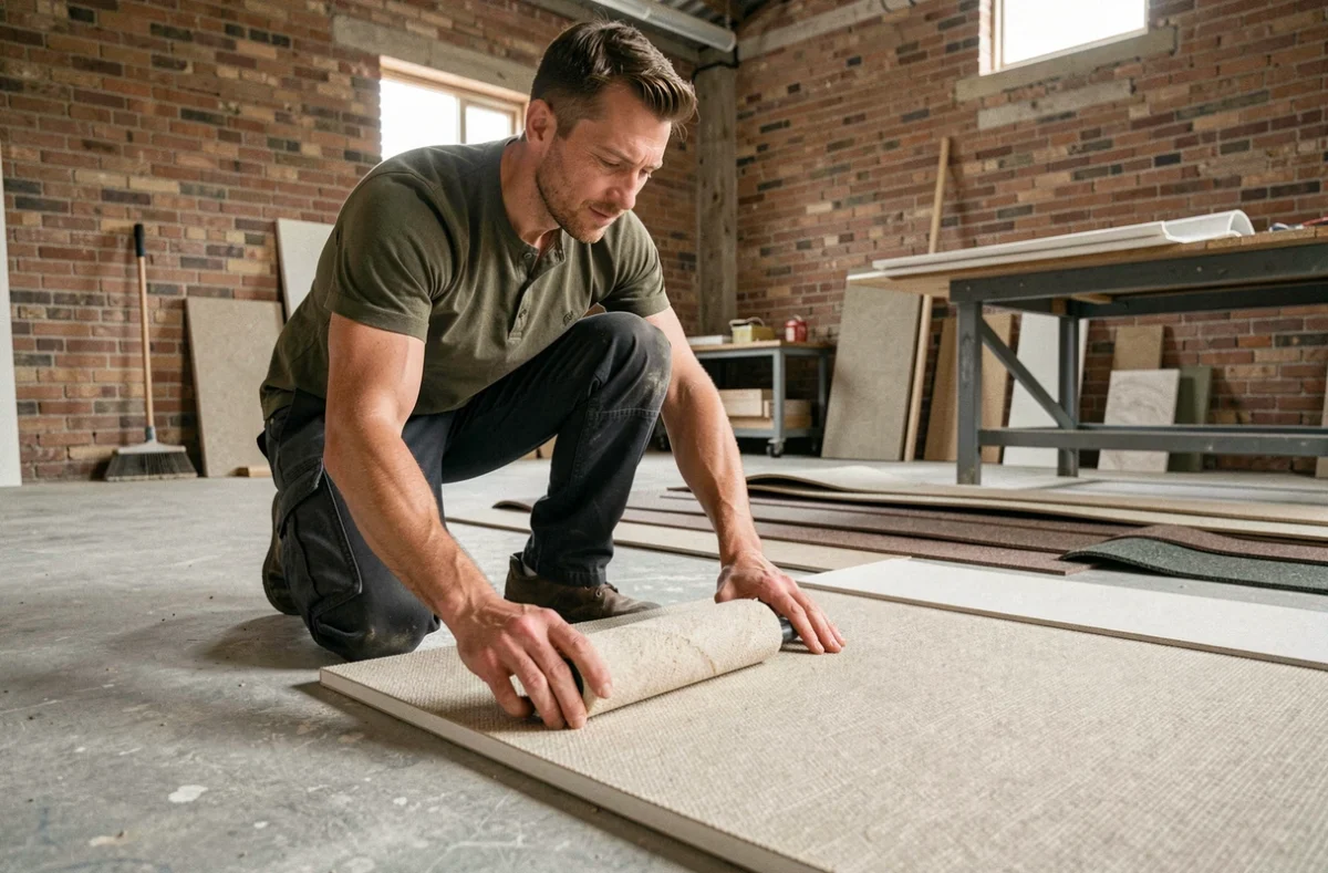Homme utilisant un rouleau pour lisser un plaquage fibrecouture sur un panneau lors de rénovation
