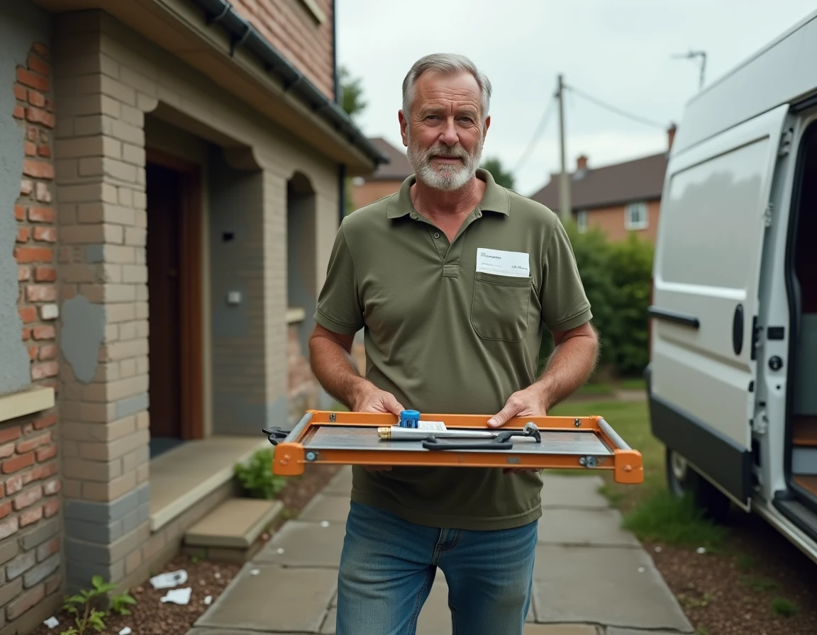Artisan chargeant une machine de location depuis un camion devant une maison en cours de rénovation