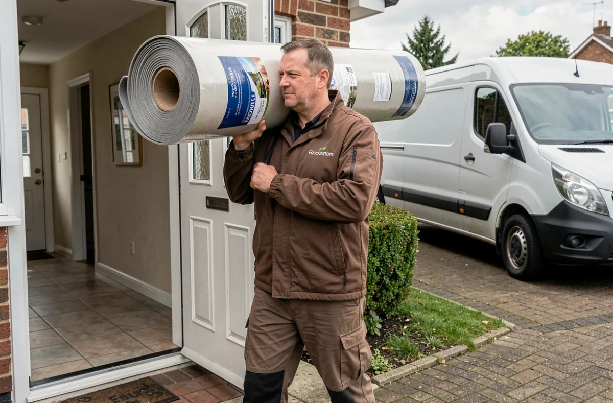 Livreur portant un rouleau de sol PVC emballé devant une maison pavillonnaire lors d'une livraison à domicile