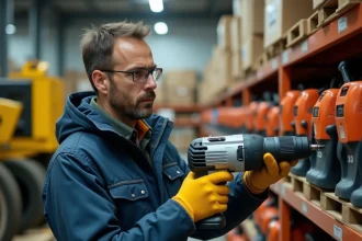 Homme comparant des outils dans une boutique de location de matériel de bricolage professionnel