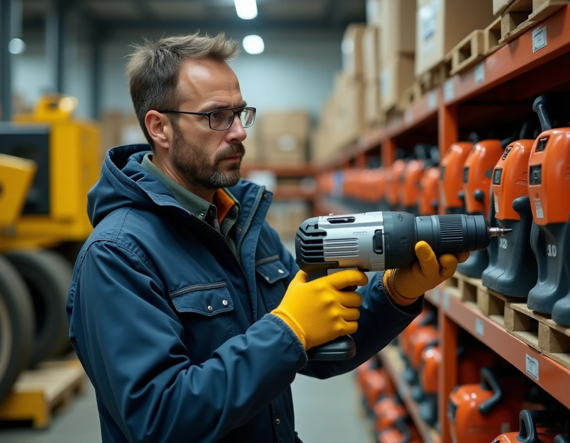 Homme comparant des outils dans une boutique de location de matériel de bricolage professionnel