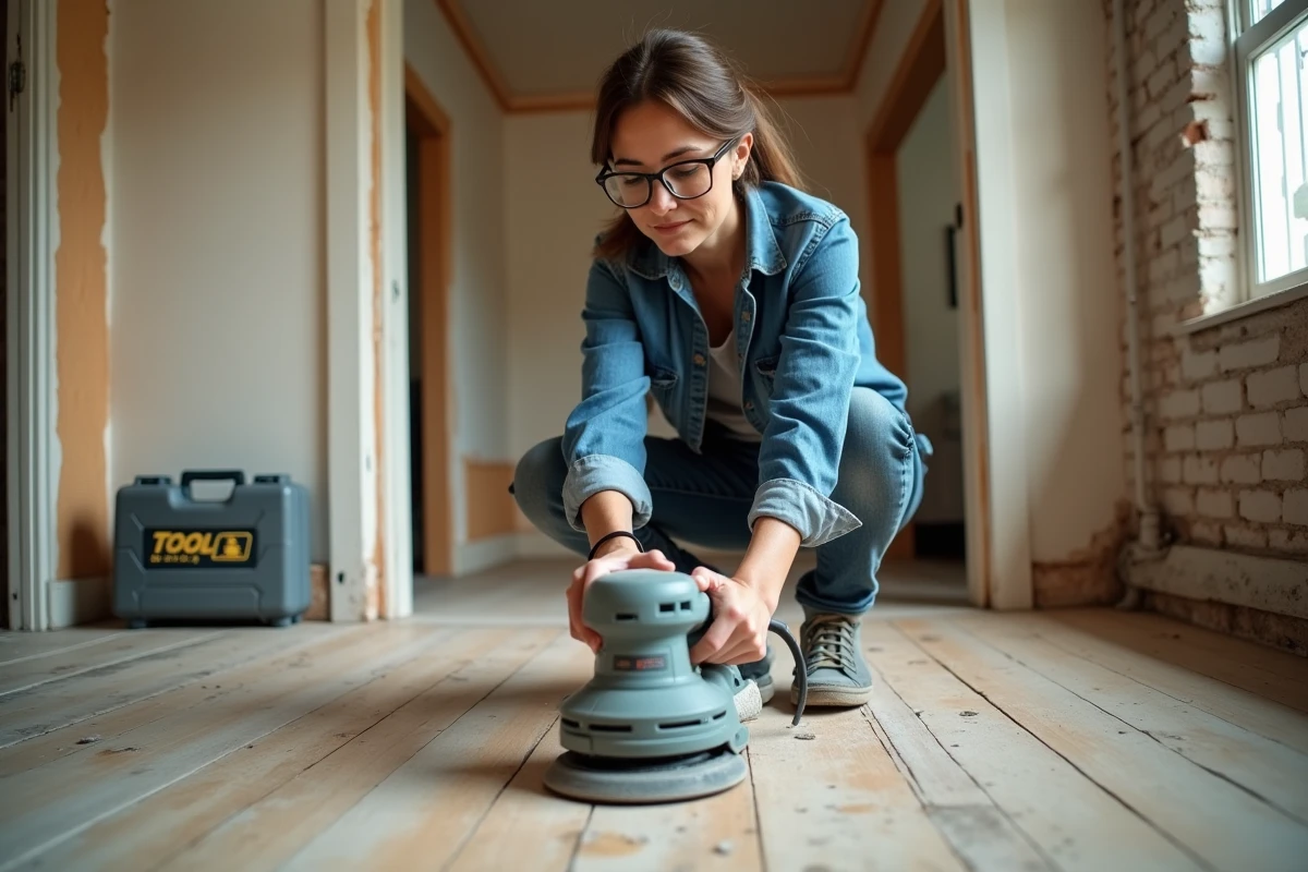 Femme utilisant une ponceuse orbitale de location lors de travaux de rénovation d'appartement