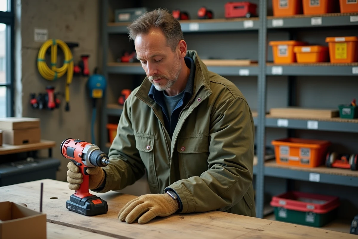 Professionnel du bâtiment inspectant une perceuse électrique de location dans un magasin de location d'outils de travaux