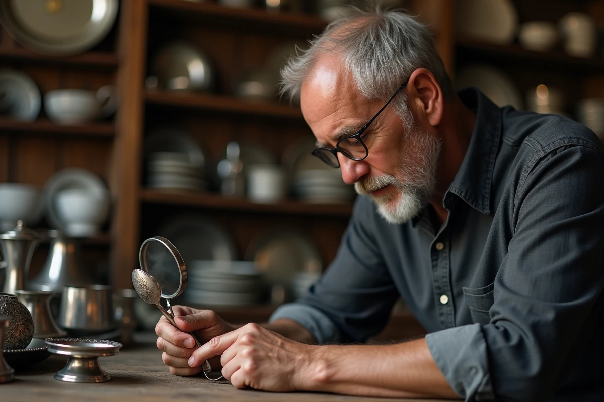 Homme utilisant une loupe de bijoutier pour identifier le poinçon argent sur une cuillère ancienne