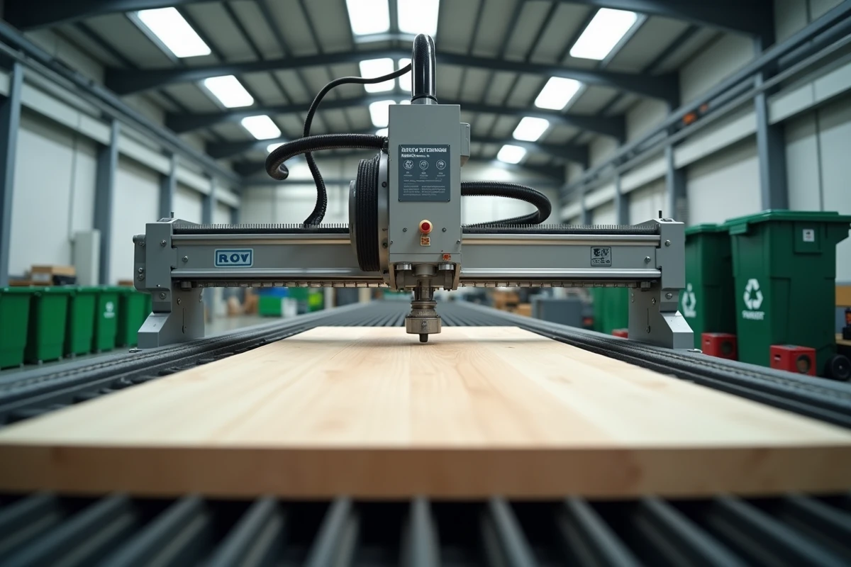Machine CNC de découpe de placage bois en fonctionnement dans une usine de fabrication durable zéro déchet