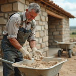 Maçon mélangeant chaux et sable en extérieur
