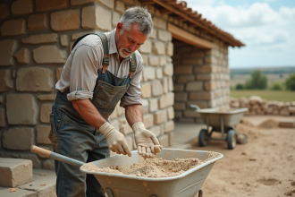 Maçon mélangeant chaux et sable en extérieur