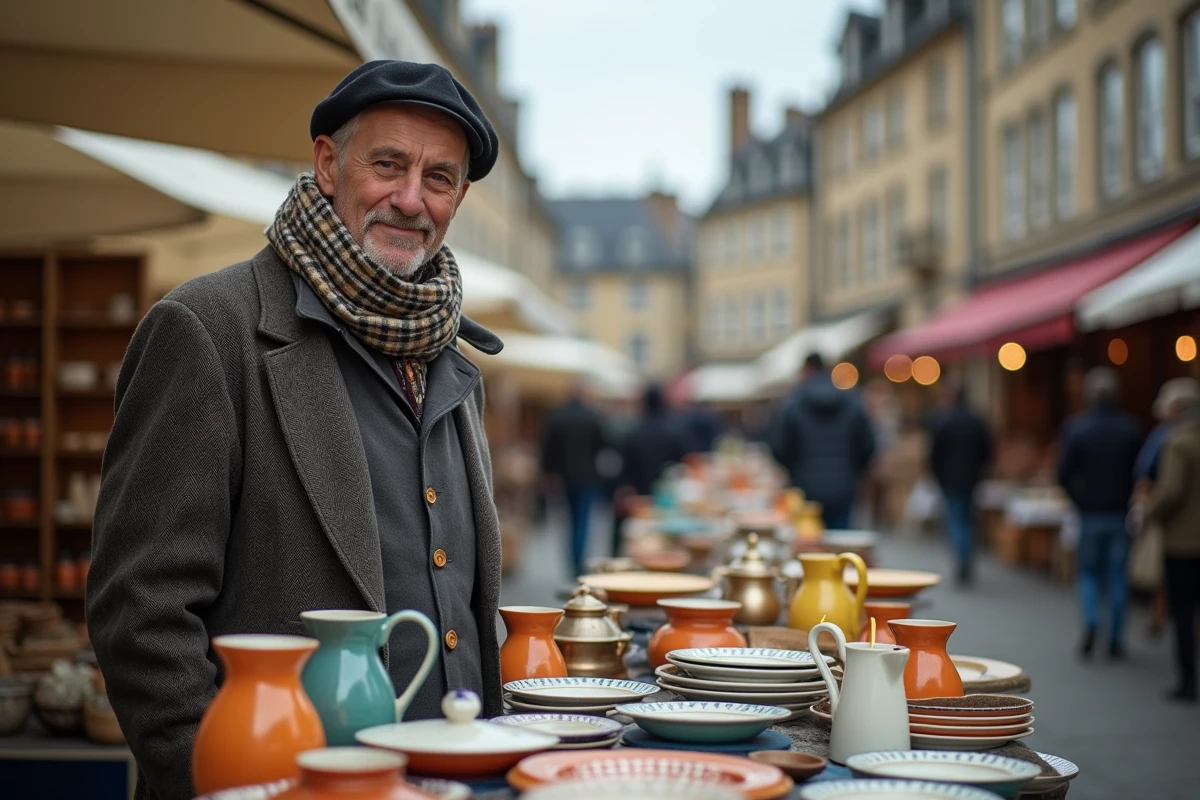 Homme âgé avec céramiques Quimper lors d