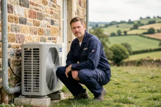 Technicien installant une pompe à chaleur sur une maison normande en Seine-Maritime, vue grand angle illustrant le classement des meilleurs installateurs de la région