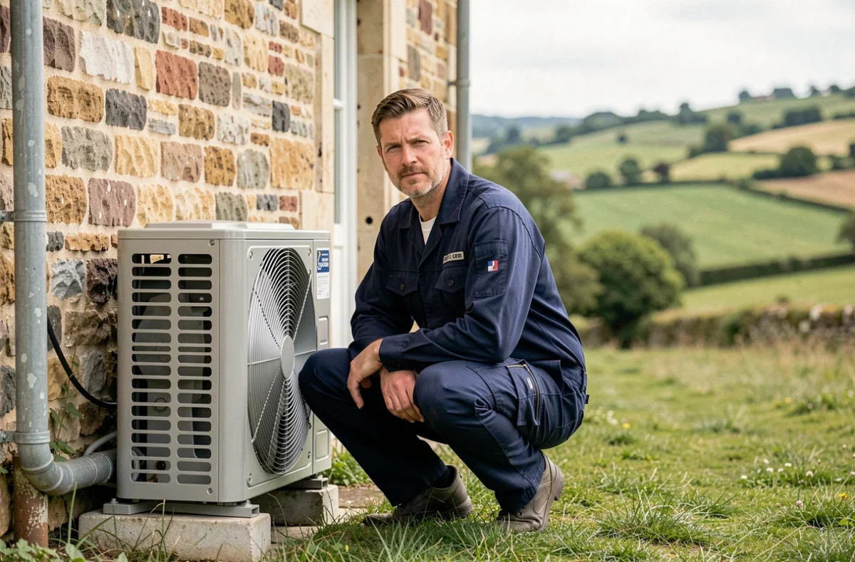 Technicien installant une pompe à chaleur sur une maison normande en Seine-Maritime, vue grand angle illustrant le classement des meilleurs installateurs de la région