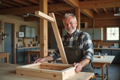 Menuisier inspectant un cadre en bois dans son atelier