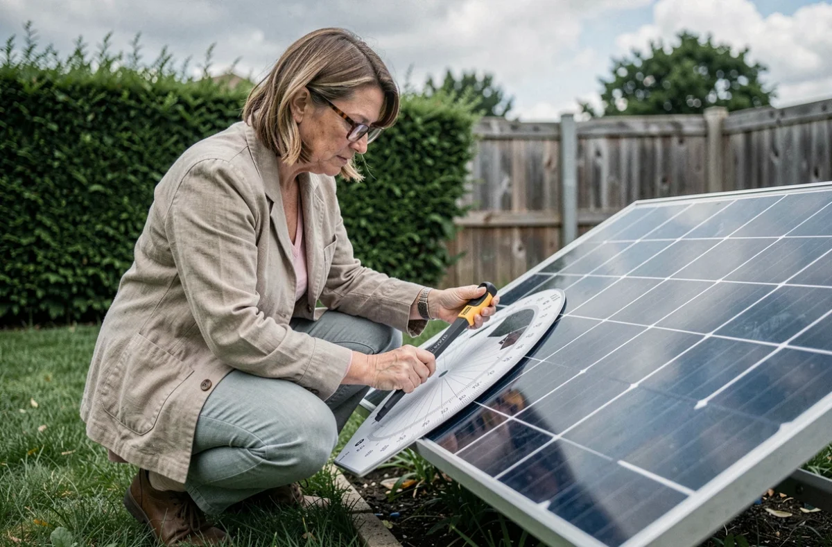 Femme mesurant l'angle d'inclinaison d'un panneau solaire dans un jardin résidentiel avec un inclinomètre