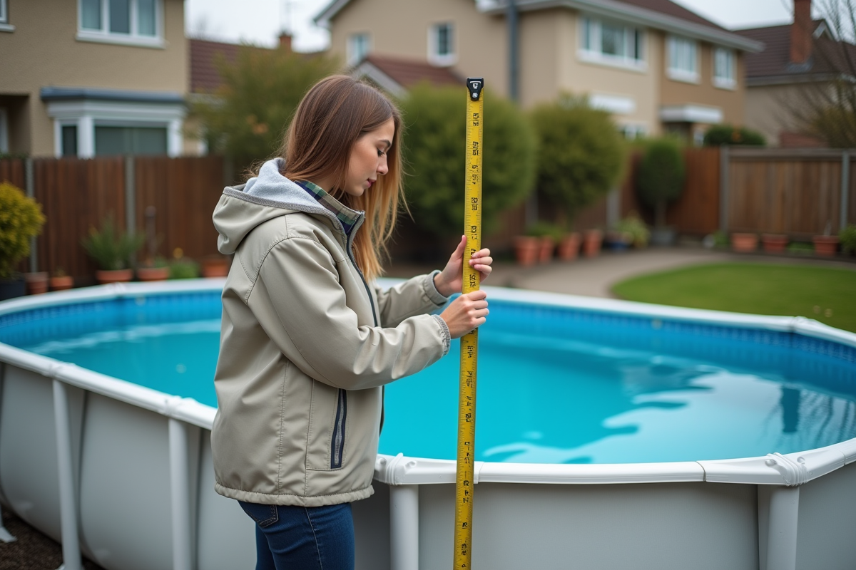 Jeune femme mesurant une piscine hors sol dans un jardin résidentiel