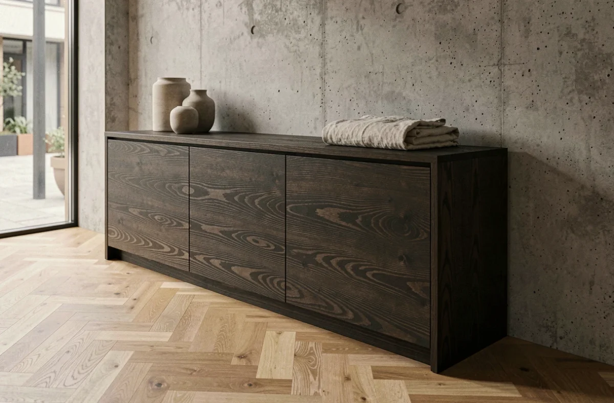 Meuble design en bois exotique wengé dans un salon contemporain aux murs en béton brut, tendances déco 2026