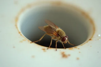 Gros plan hyper-réaliste d'une mouche à drains posée sur le rebord d'un siphon de lavabo en céramique blanche