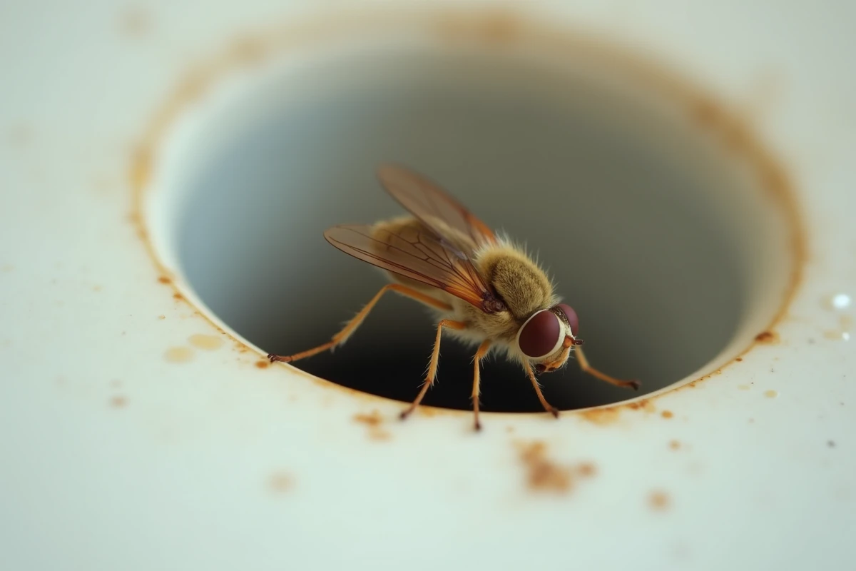 Gros plan hyper-réaliste d'une mouche à drains posée sur le rebord d'un siphon de lavabo en céramique blanche