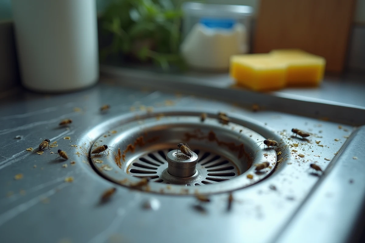 Vue en plongée d'un siphon d'évier en inox avec présence de mouches à drains et dépôts organiques visibles