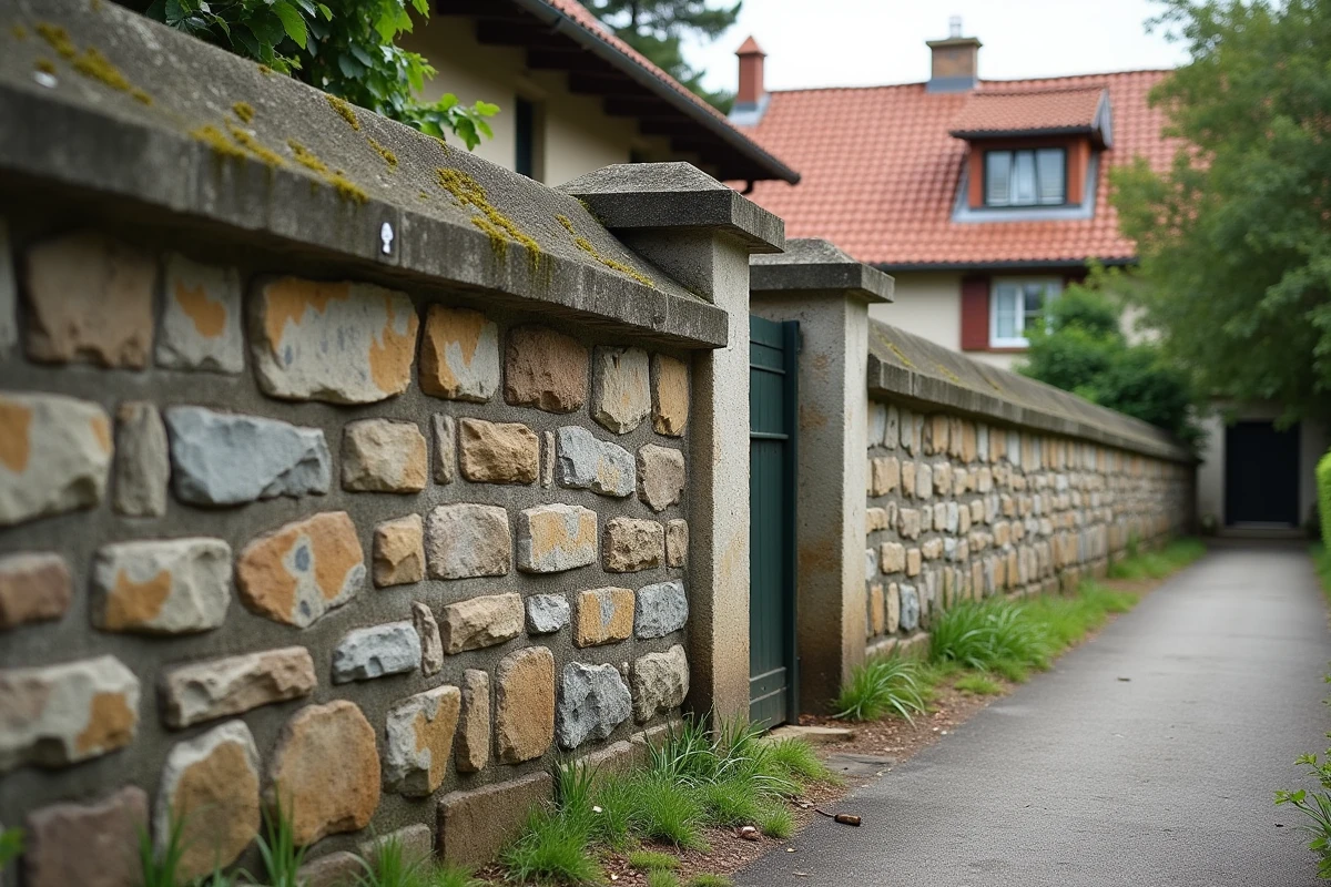 Mur mitoyen en pierre entre deux jardins voisins montrant des différences de construction et de hauteur