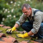 Homme en overalls nettoyant un toit en tuiles avec une brosse