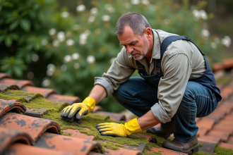 Homme en overalls nettoyant un toit en tuiles avec une brosse