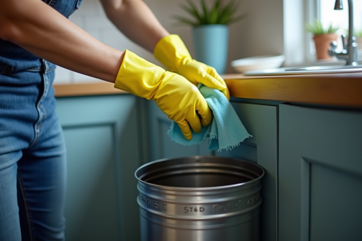 Personne nettoyant l interieur d une poubelle de cuisine avec gants