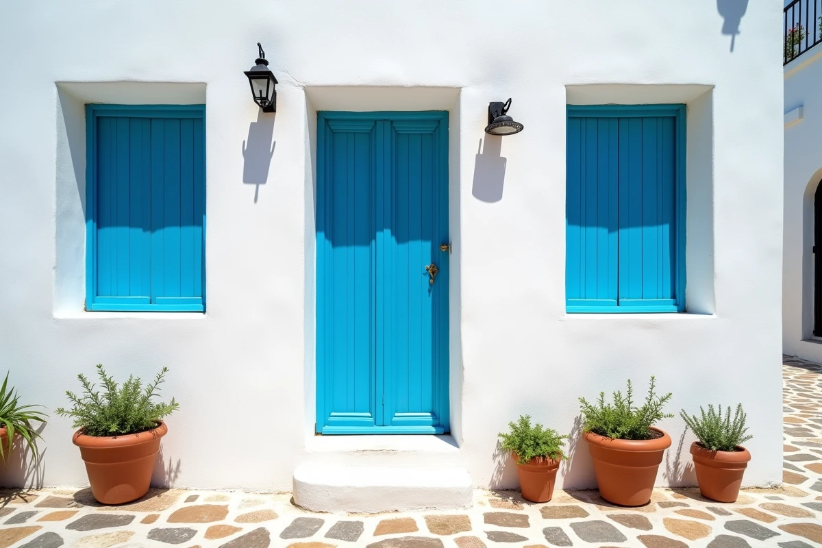 Façade blanche méditerranéenne avec une porte et des volets en bois azur, illustrant la nuance de bleu azur du Top 7