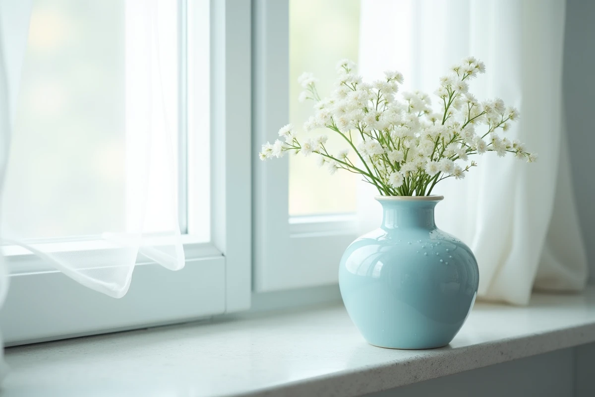 Vase en céramique bleu clair avec des fleurs blanches sur un rebord de fenêtre, illustrant la nuance de bleu clair du Top 7