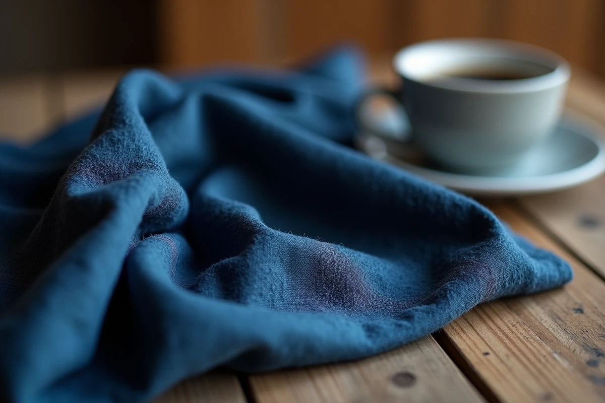 Tissu en lin bleu foncé texturé sur une table en bois, illustrant la nuance de bleu foncé comme réponse générique du niveau 31