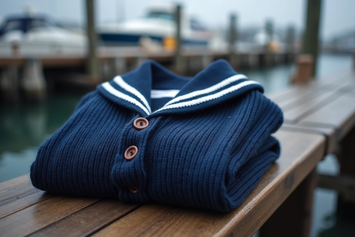 Pull marin en laine bleu marine posé sur un banc de quai dans un port, illustrant la nuance de bleu marine classique