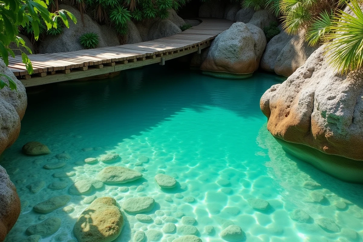 Eau turquoise d'une piscine naturelle côtière, illustrant la nuance de bleu turquoise tirant vers le vert