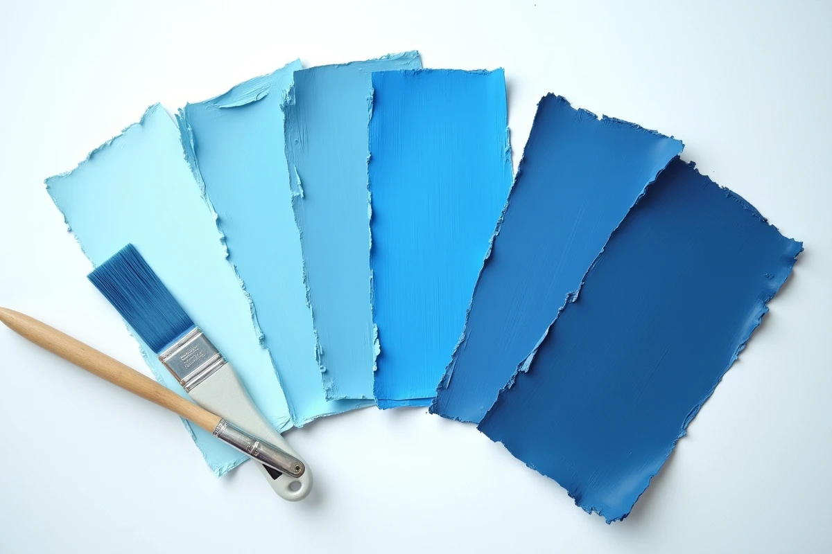 Sept nuances de bleu différentes présentées en éventail sur une surface blanche, palette artistique évoquant le thème du jeu Nuance de Bleu