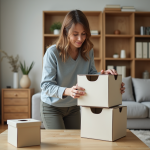 Femme arrangeant des étagères dans un appartement moderne