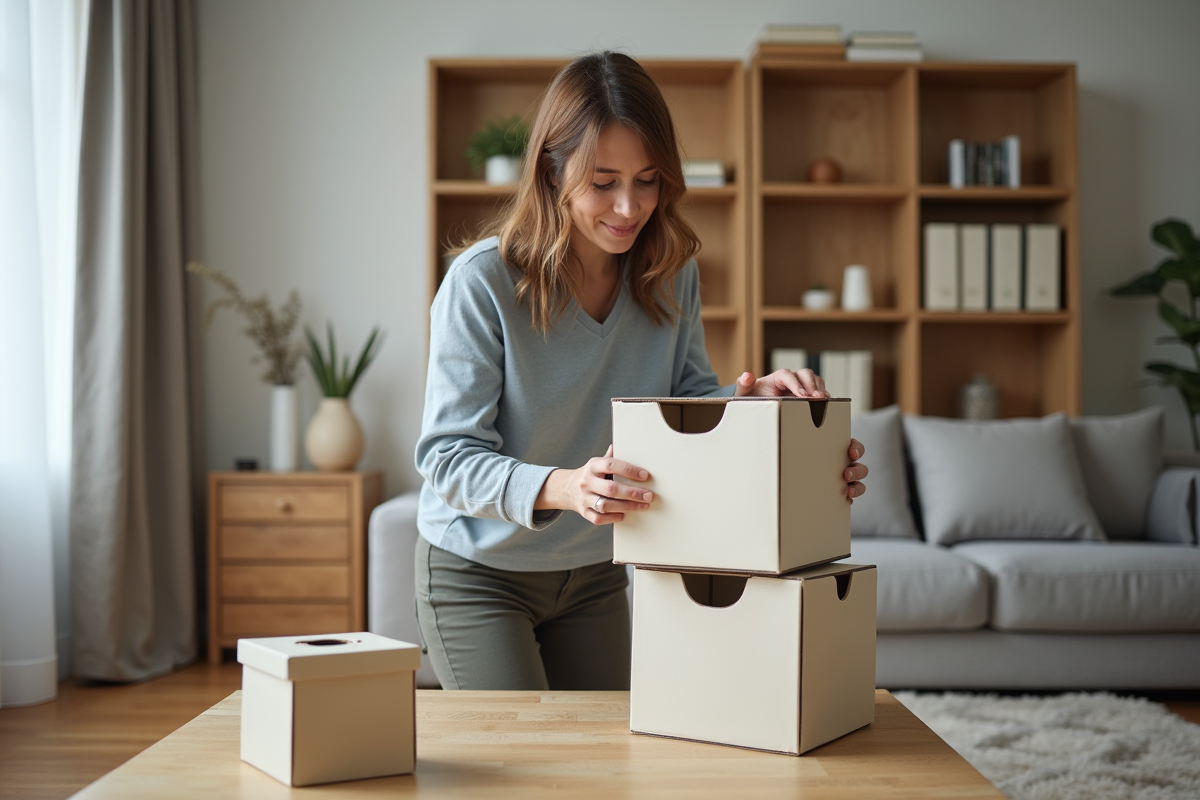 Femme arrangeant des étagères dans un appartement moderne