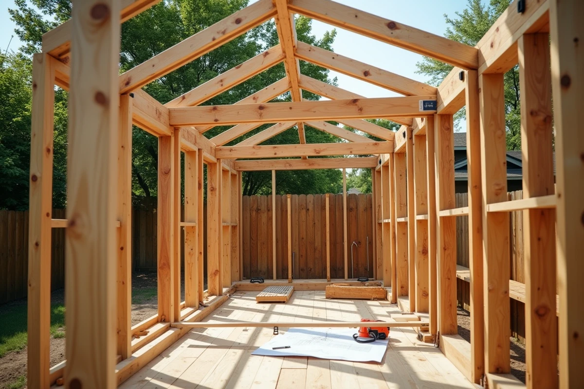 Ossature en bastaings et madriers d'un abri de jardin en cours de construction dans un jardin