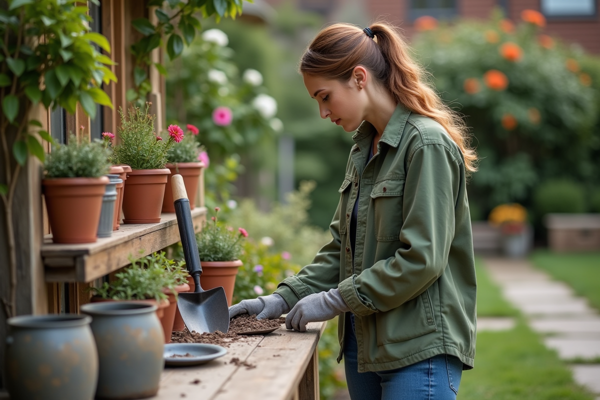 Jeune femme examinant des outils de jardinage sur un banc
