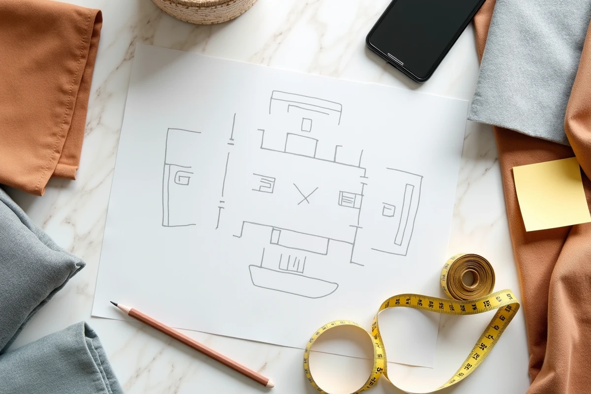 Vue de dessus d'outils de planification pour l'aménagement d'intérieur sur surface en marbre